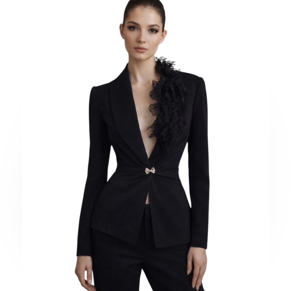 RARE Archival John Galliano 2003 3D Lace Trim Blazer Rhinestone Bow Button Y2K